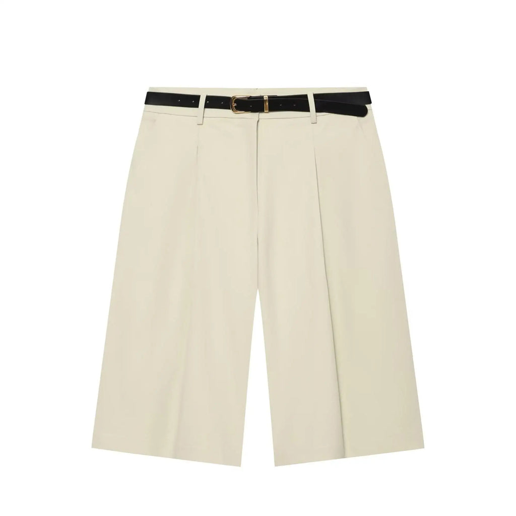 Pantalon court taille haute beige à ceinture