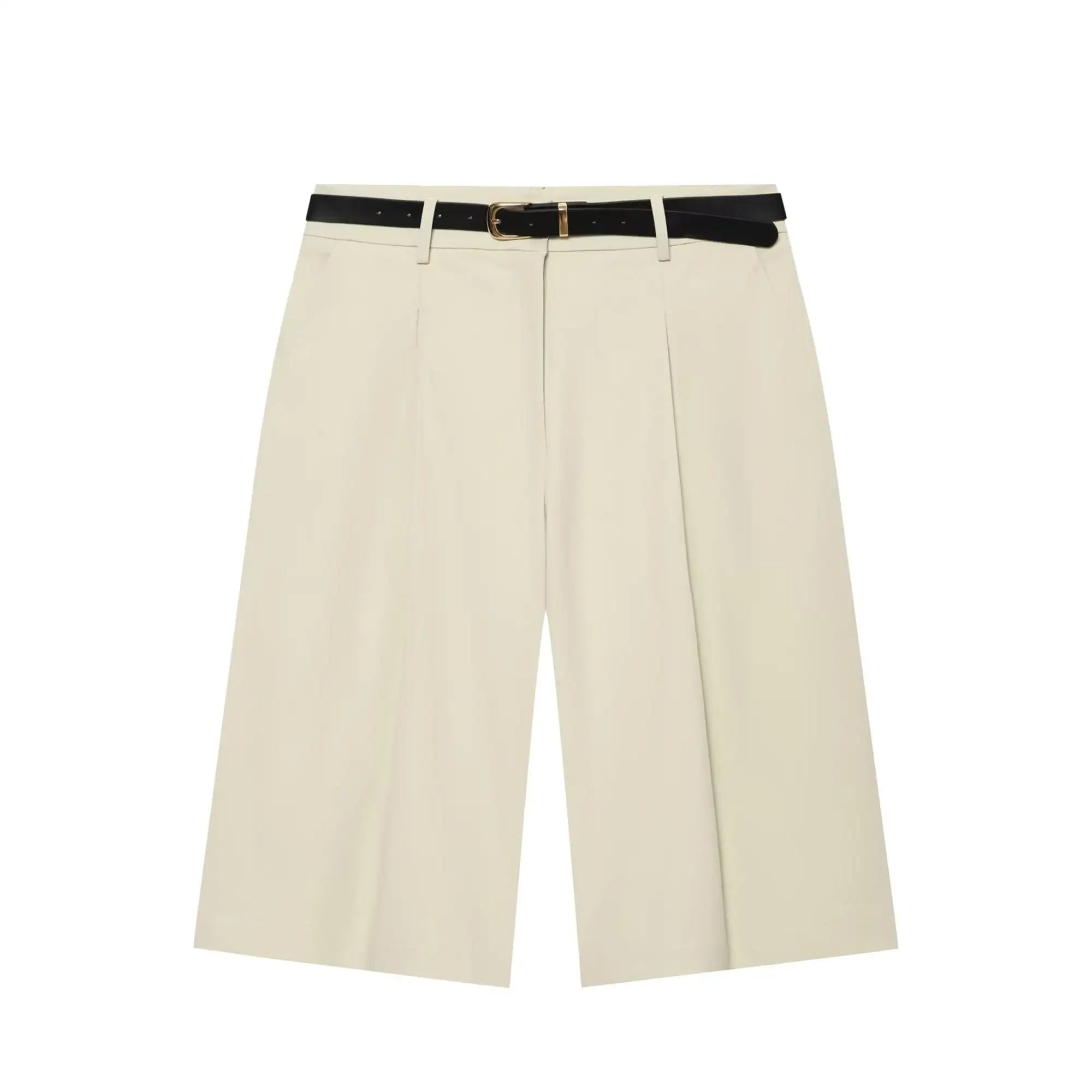 Pantalon court taille haute beige à ceinture