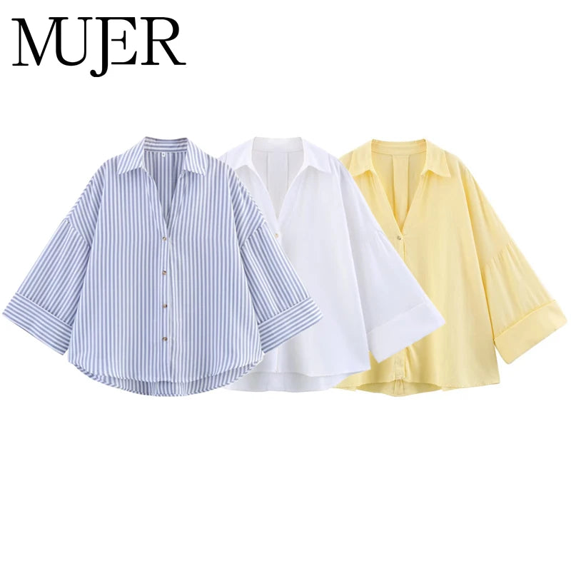 Chemise ample rayée beige et blanc