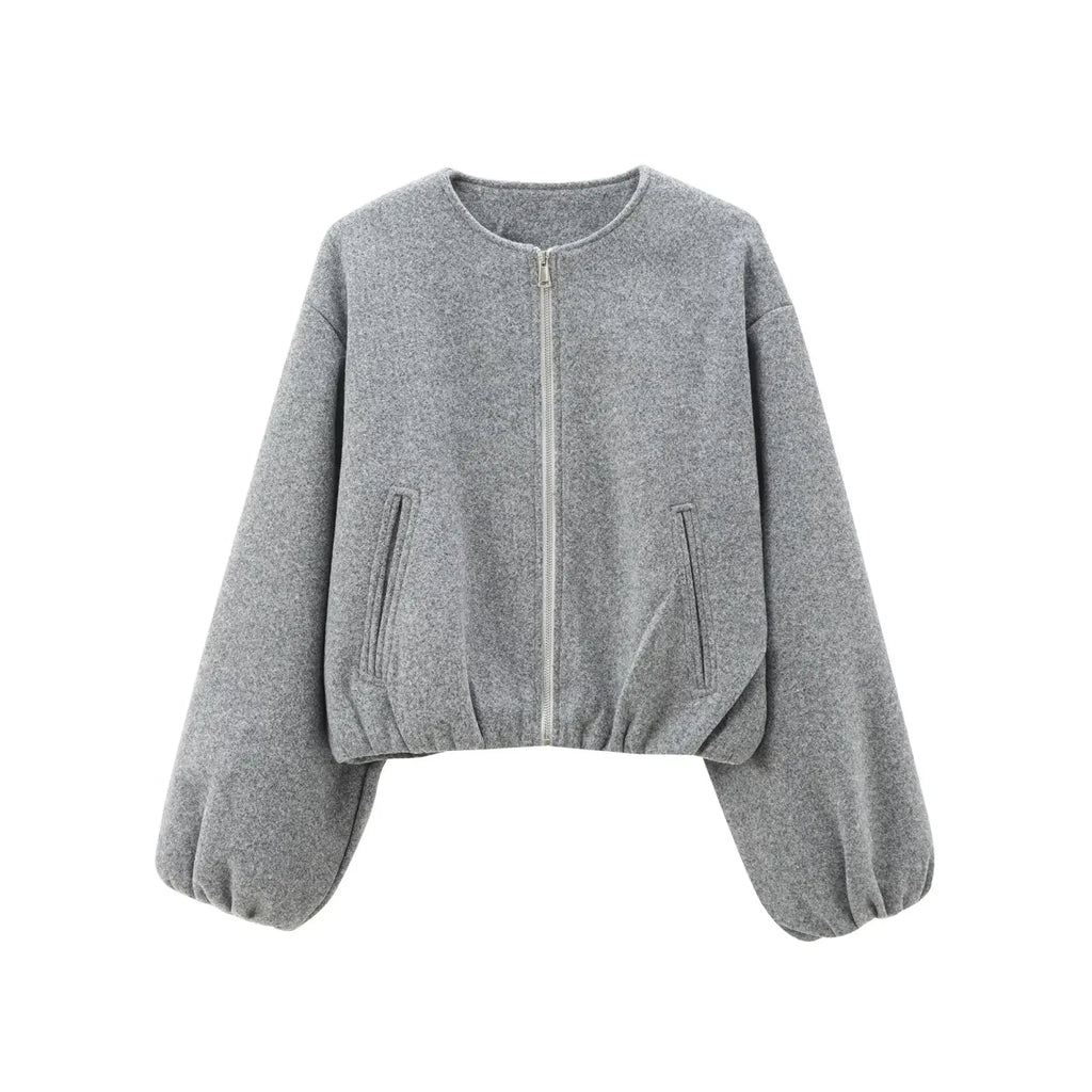 Bomber court zippé gris à col rond