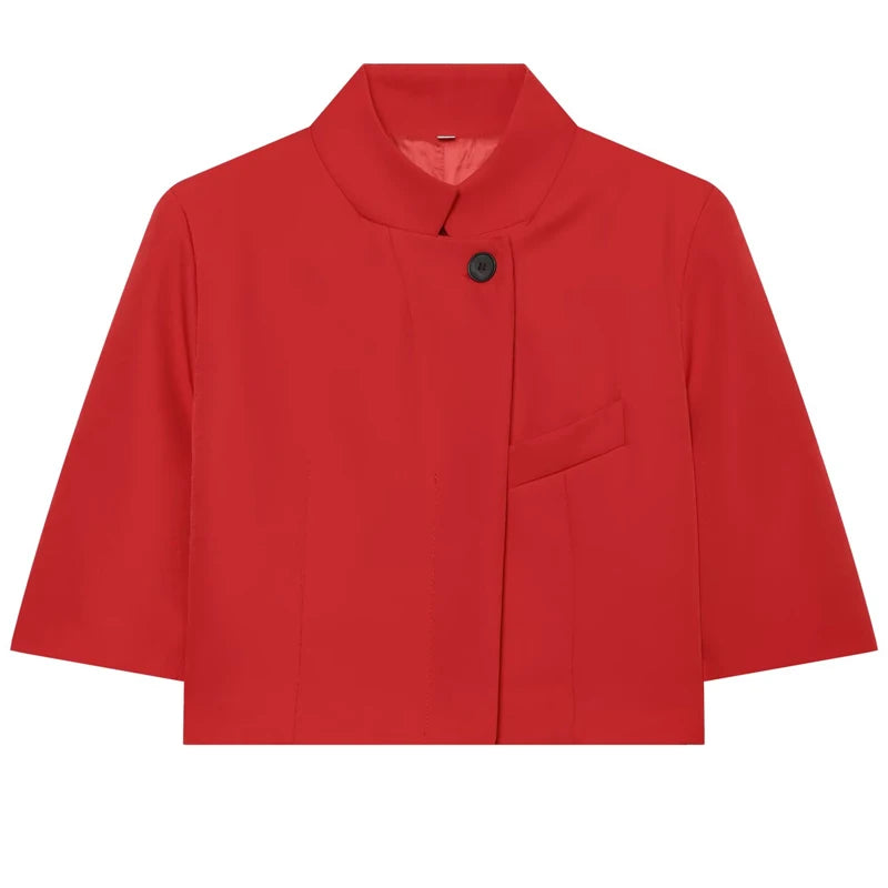 Blazer court asymétrique rouge à col montant