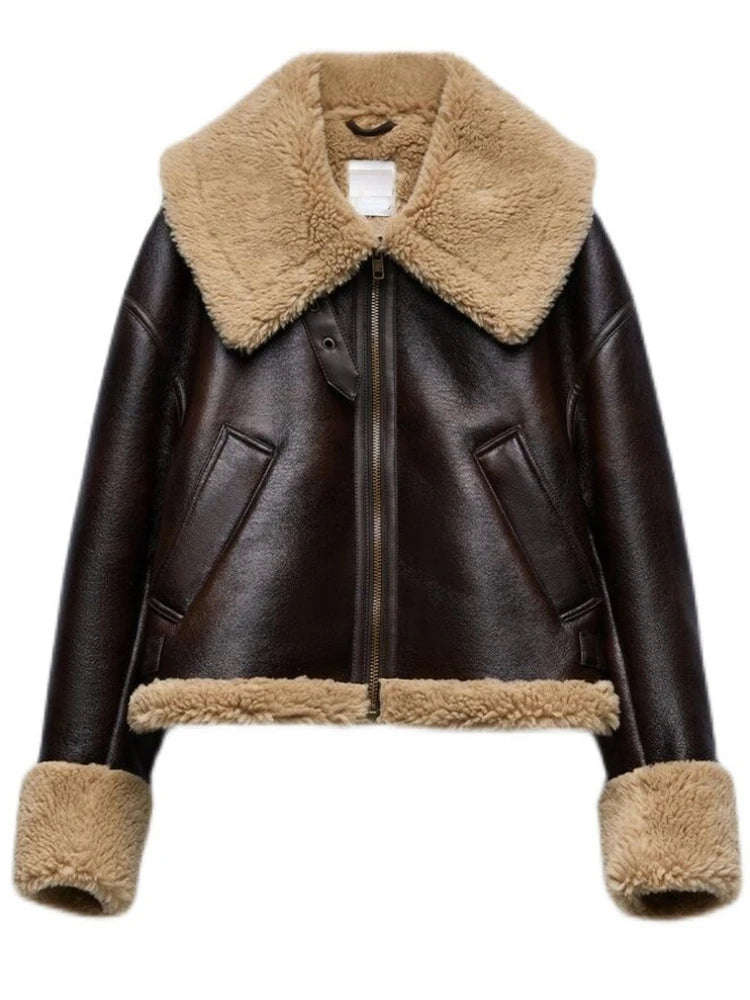 Veste courte motard marron à col fourré