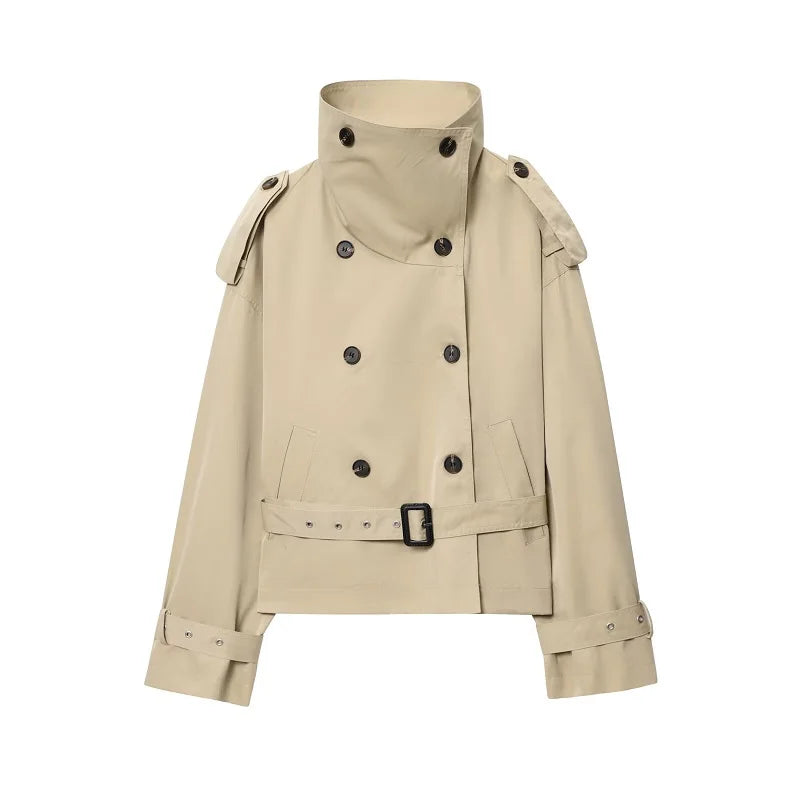 Trench court croisé beige à ceinture