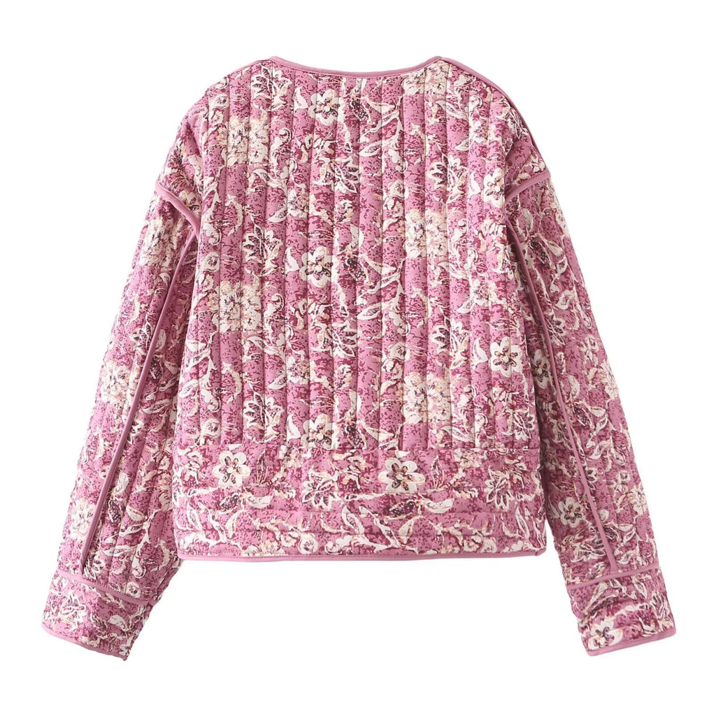 Veste courte matelassée à motif floral rose