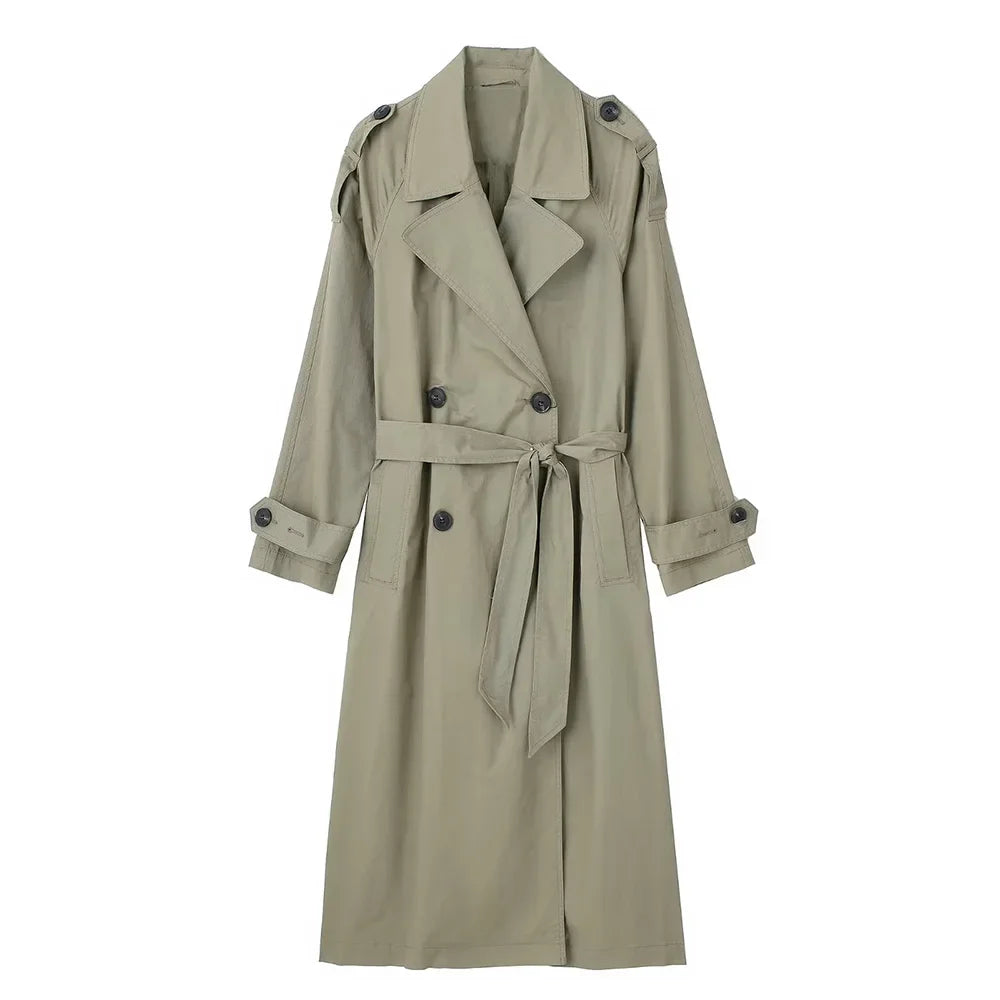 Trench long croisé beige à ceinture