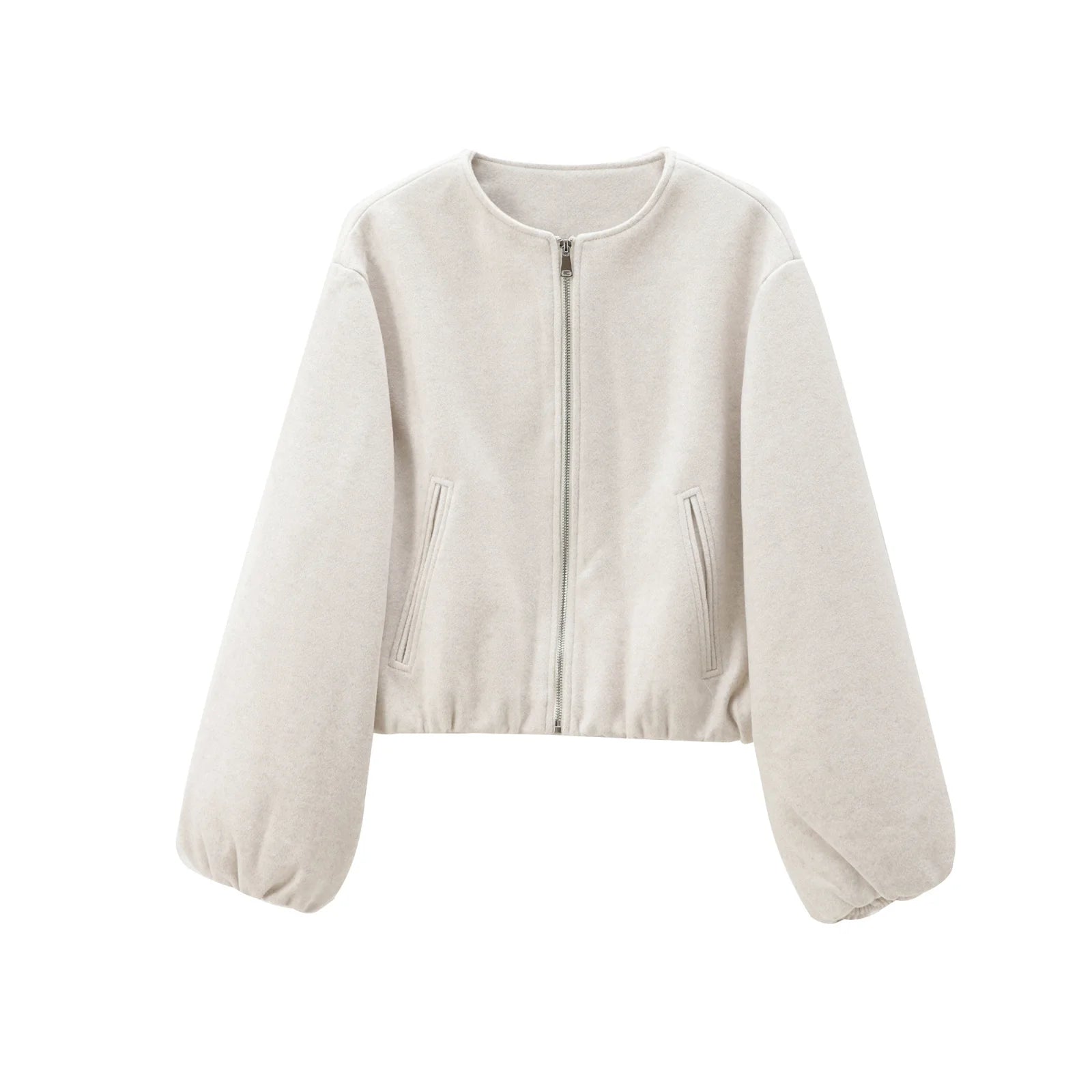 Bomber court zippé beige à manches bouffantes
