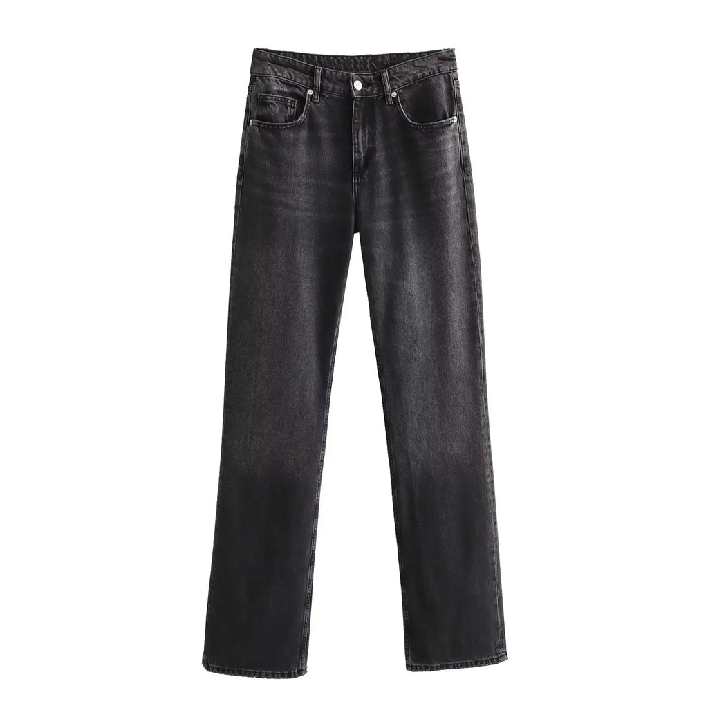 Jean droit taille haute en coton noir