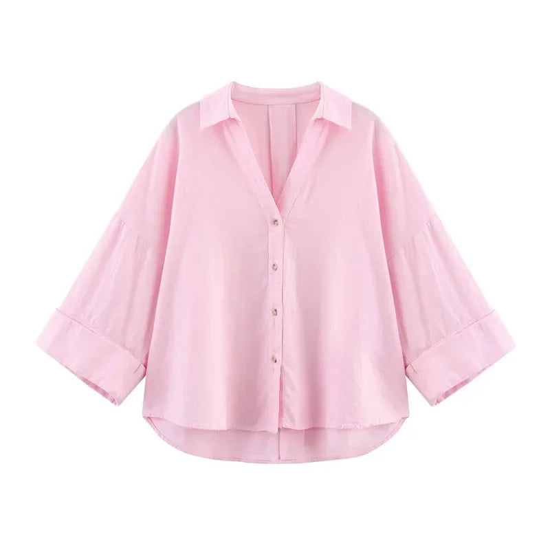 Chemise ample rayée beige et blanc