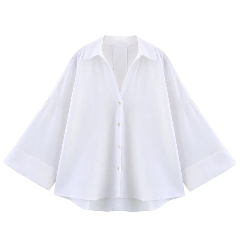 Chemise ample rayée beige et blanc