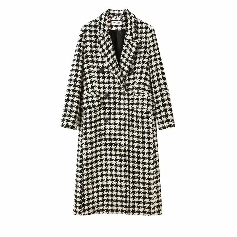 Manteau long croisé à motif pied-de-poule noir et blanc