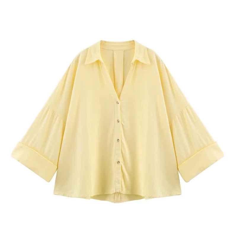 Chemise ample rayée beige et blanc
