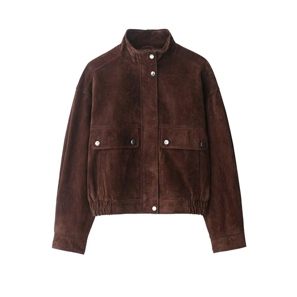 Veste courte en cuir marron à poches