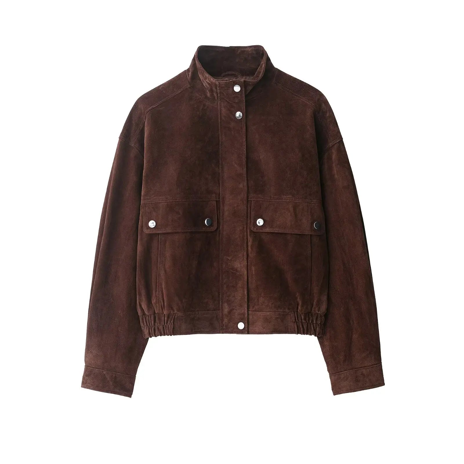 Veste courte en cuir marron à poches