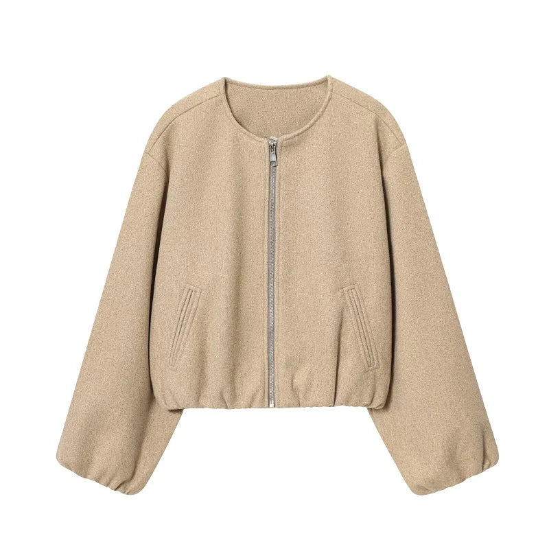 Bomber court zippé beige à manches bouffantes