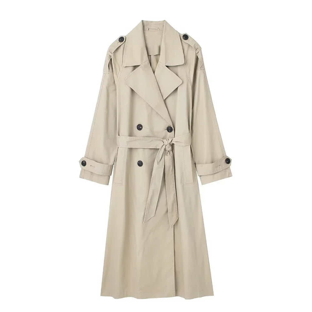 Trench long croisé beige à ceinture