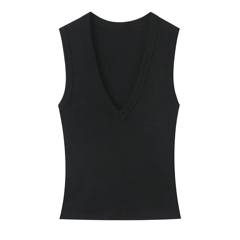 Top sans manches à col V noir