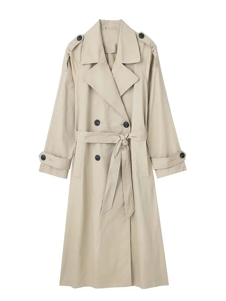 Trench long croisé beige à ceinture