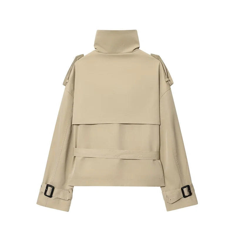 Trench court croisé beige à ceinture