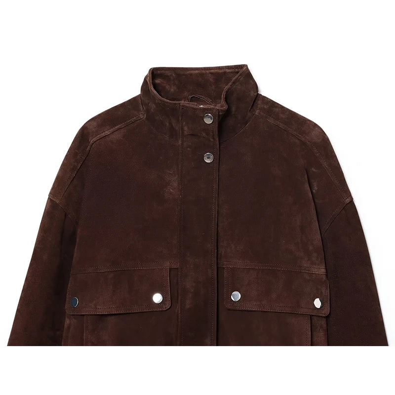 Veste courte en cuir marron à poches
