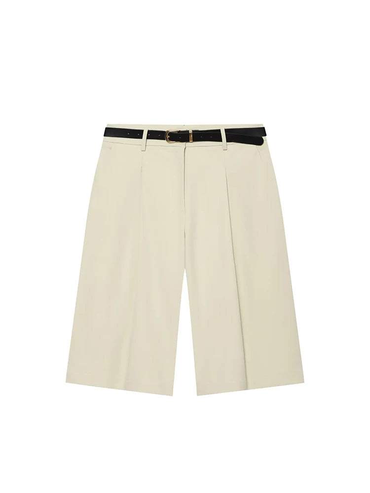 Pantalon court taille haute beige à ceinture