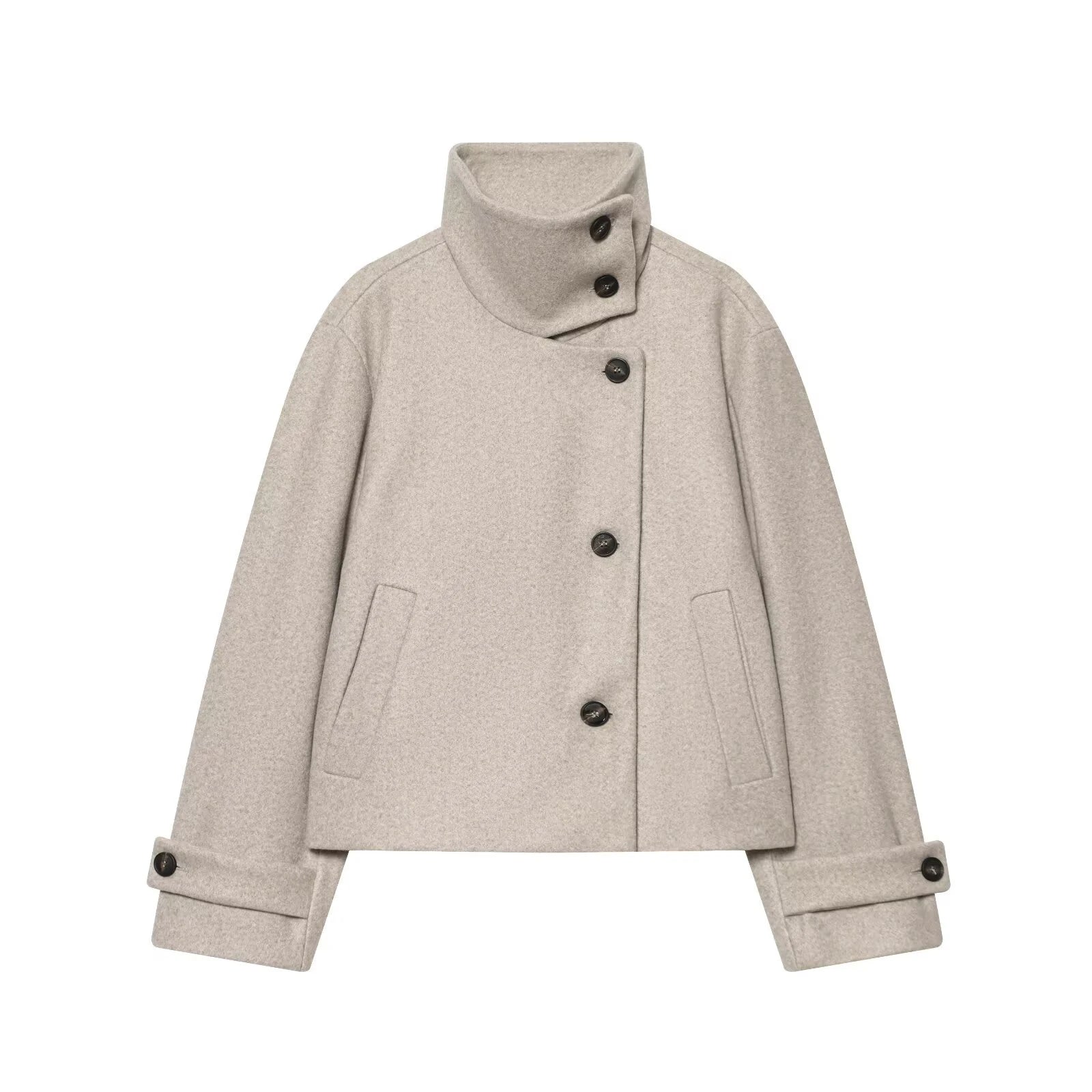 Manteau court beige à col montant