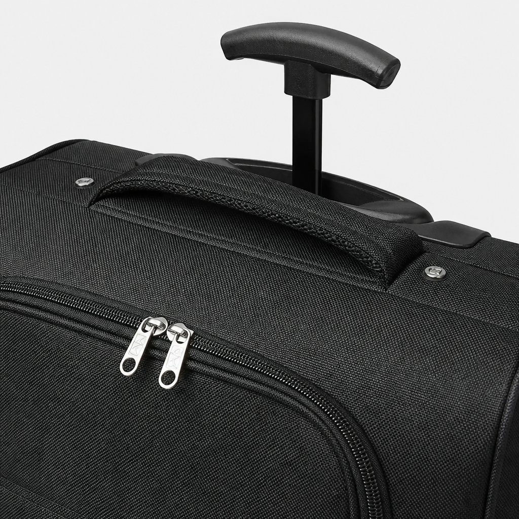 Valise cabine souple noire, gros plan studio gris