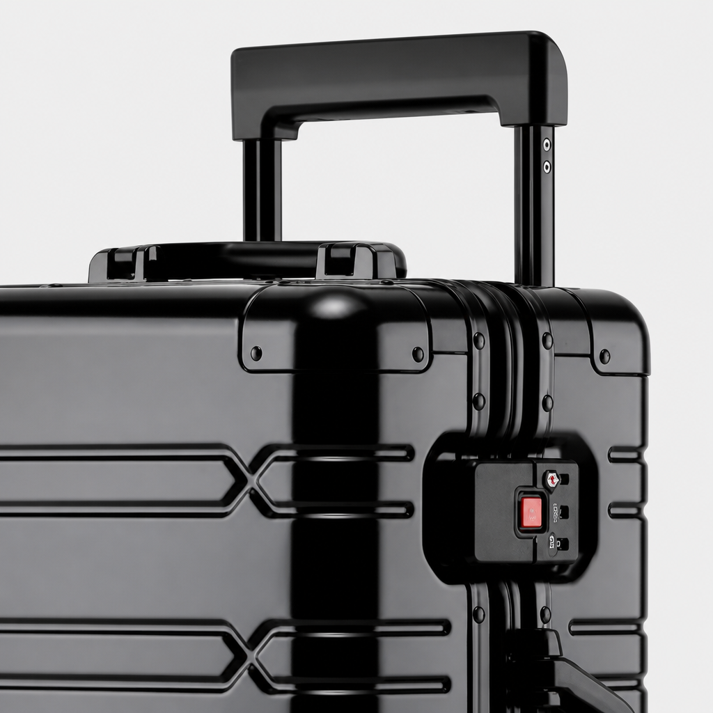 Valise cabine en aluminium noir, gros plan studio gris