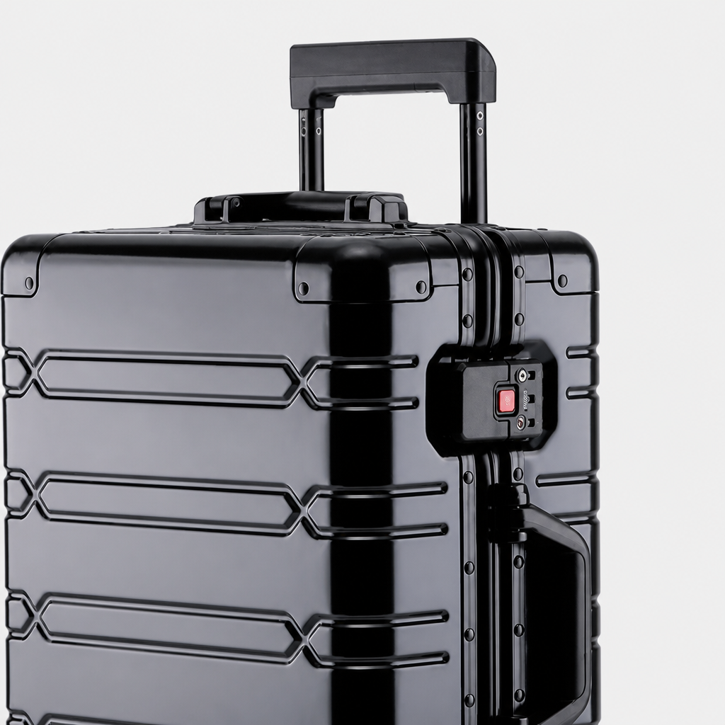 Valise cabine en aluminium noir, gros plan studio gris
