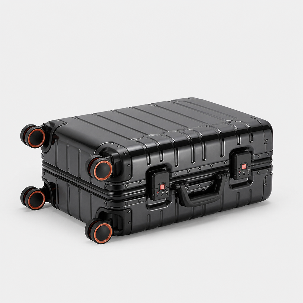 Valise cabine en aluminium noir, sol studio gris