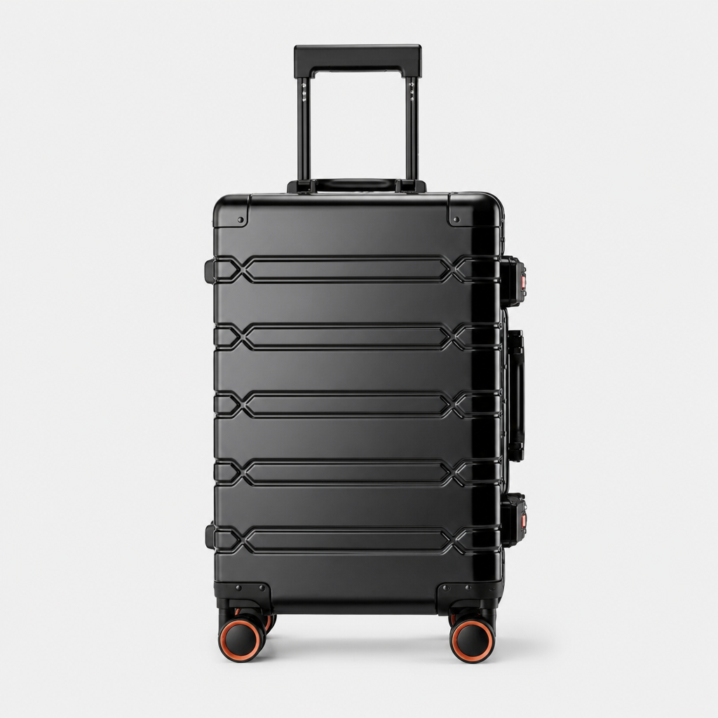 Valise cabine en aluminium noir, face studio gris