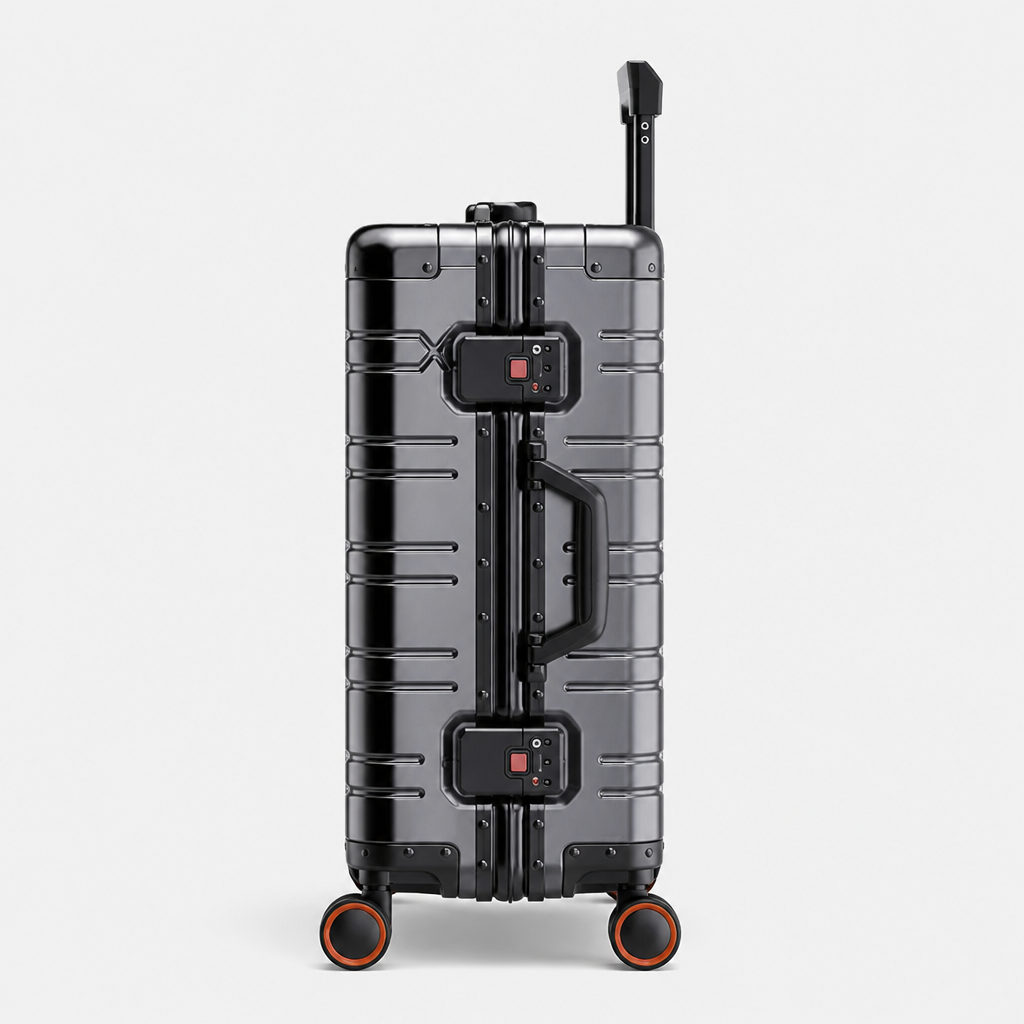 Valise cabine en aluminium noir, profil studio gris