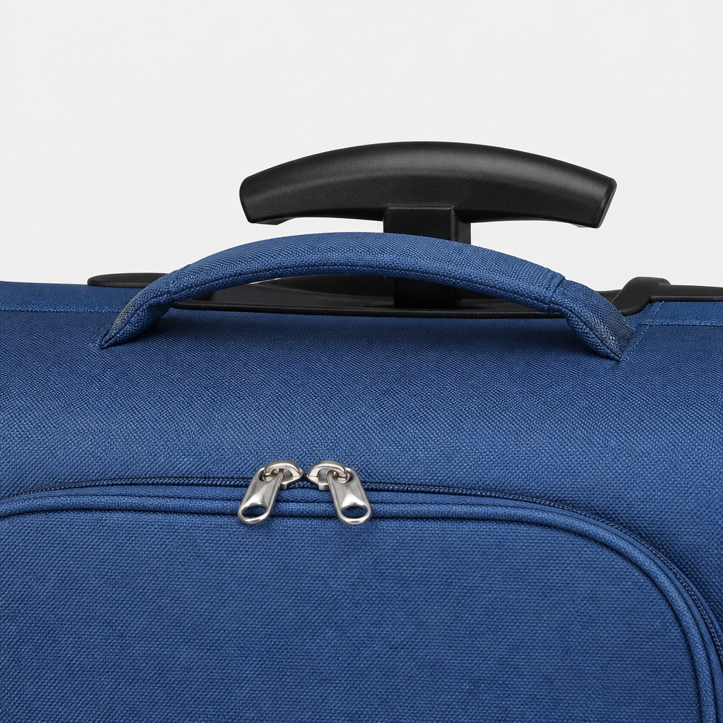 Valise cabine souple bleue, gros plan studio gris