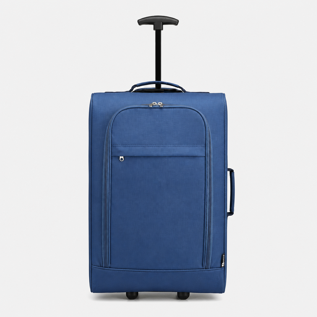 Valise cabine souple bleue, face studio gris