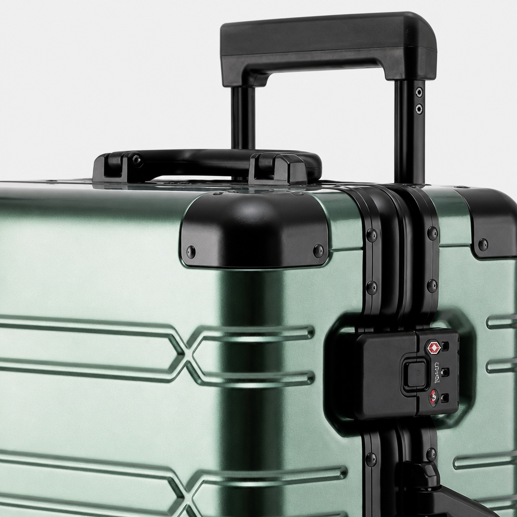 Valise cabine en aluminium vert foncé, gros plan studio gris