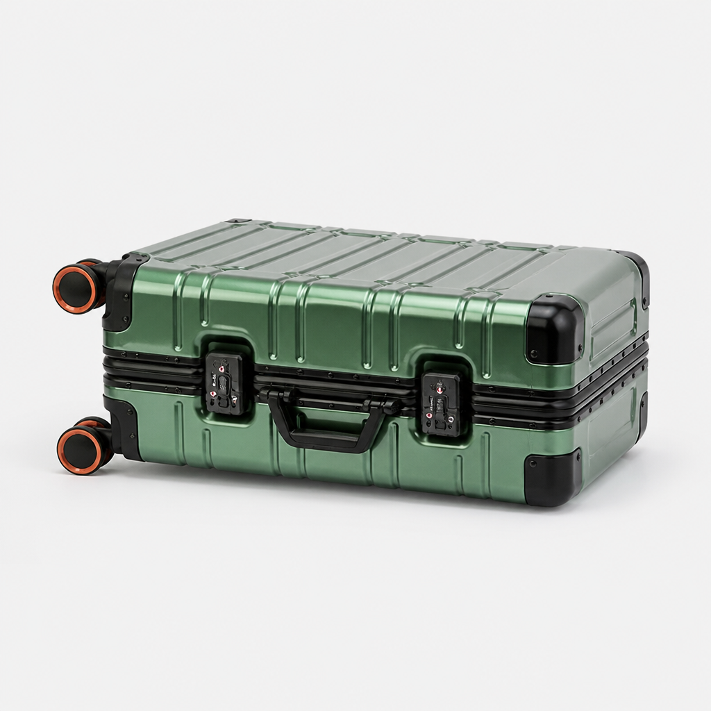 Valise cabine en aluminium vert foncé, sol studio gris