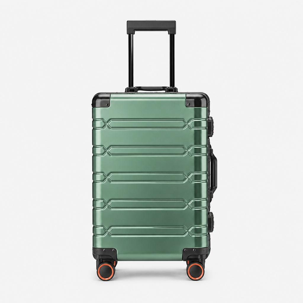 Valise cabine en aluminium vert foncé, face studio gris