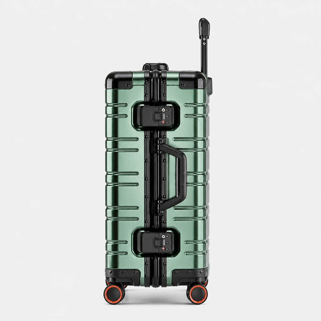 Valise cabine en aluminium vert foncé, profil studio gris