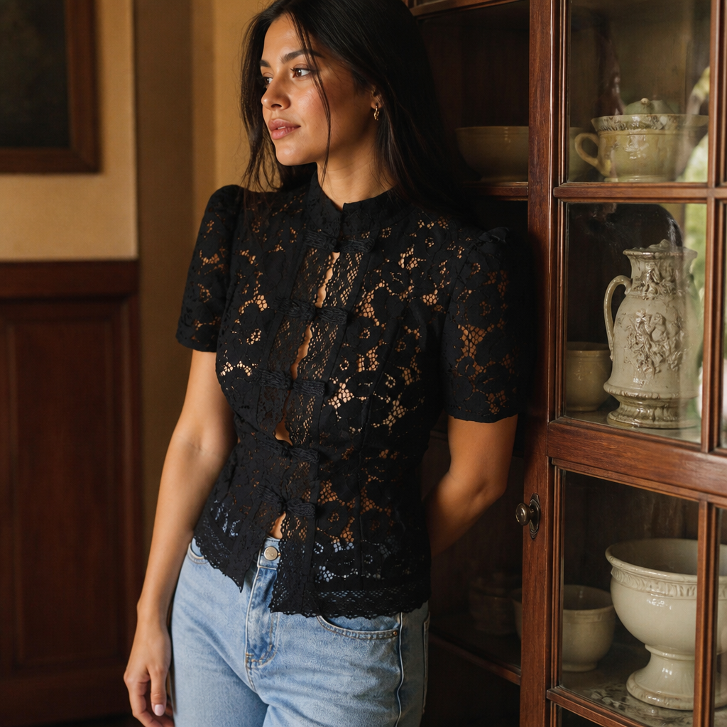 Tossy Summer Lace Printed Shirts Tops Female Hollow Out Fashion Commute Vintage See-Through Blouse Women's Lace Shrug Shirts New, éditorial