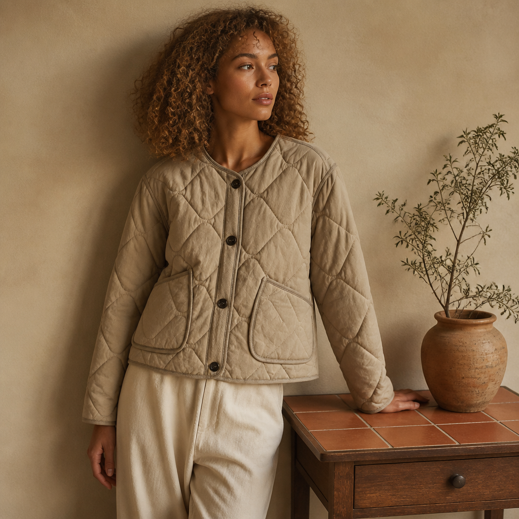 ETJ 2025  Spring new women's vintage crewneck quilted cotton-padded loose version of quilted casual jacket, éditorial