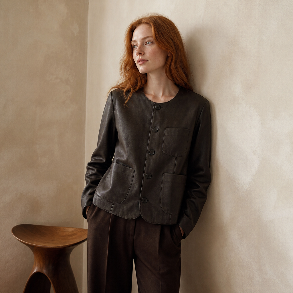 Women's Autumn Clothing European High Quality Sheepskin Casual O-Neck Single-Breasted Coffee Litchi Stria Genuine Leather Jacket, éditorial