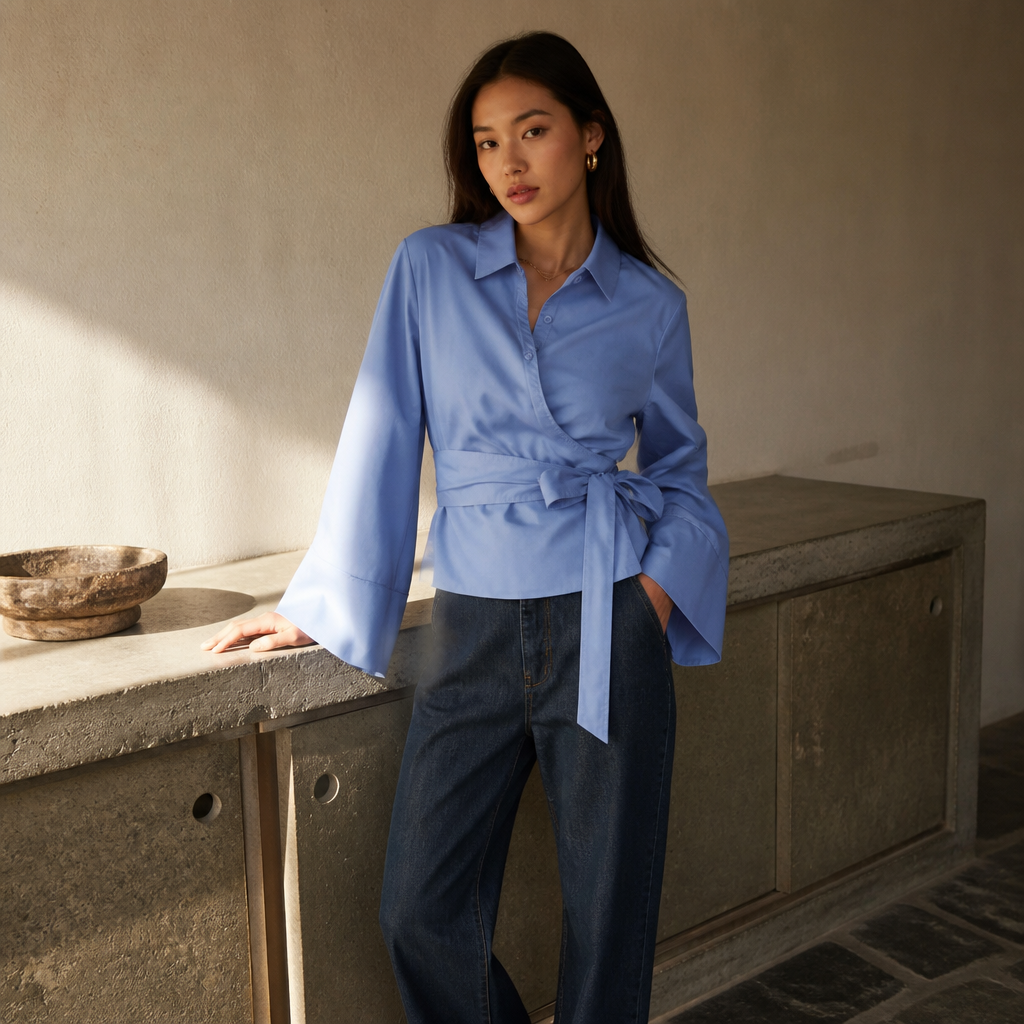 2026 NeW Women's Fashion Casual Polo Neck Bow Tie-Up Short Edition Double Breasted Poplin Daily Work Shirt Elegant Gifts, éditorial