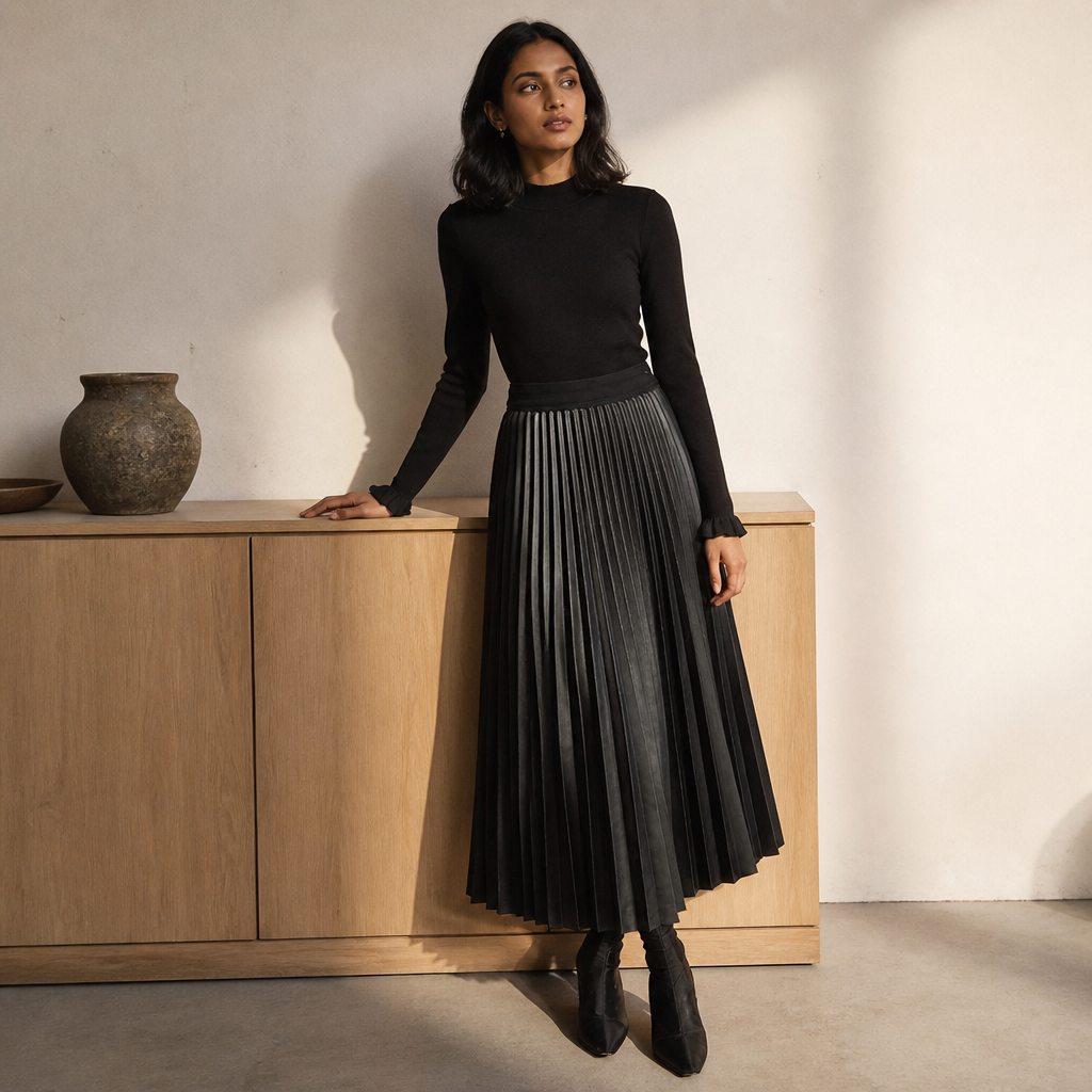 AMII Minimalist Retro Fashion Women Skirts 2024 Winter New A-line Pleated PU Simple Office Lady Leather Skirt Female 12323021, éditorial