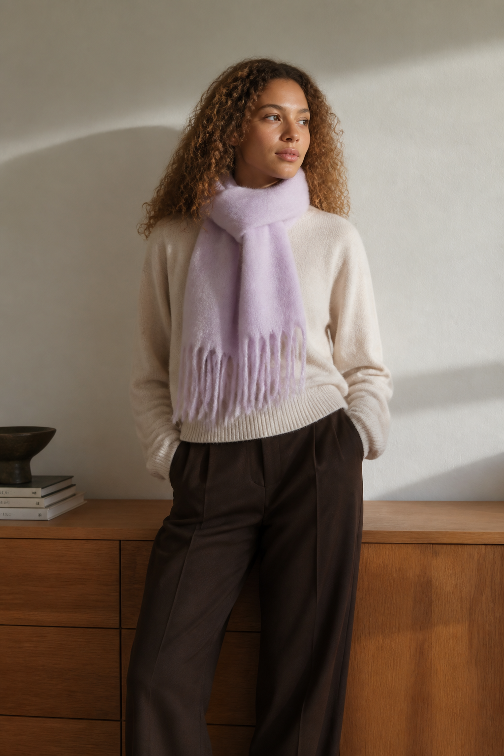 Écharpe à franges lilas, éditorial