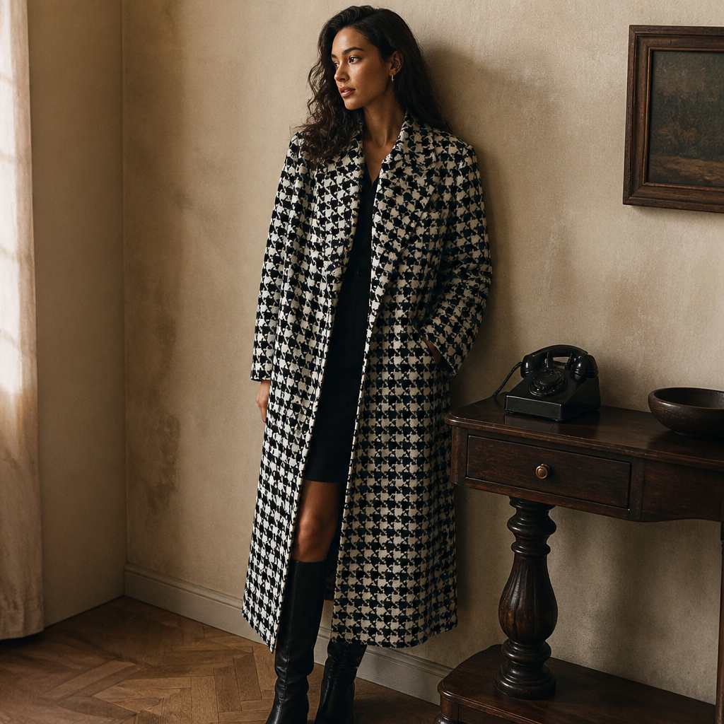 Women Autumn Winter Woolen Coat 2025 New Women Double Breasted Coat Korean Houndstooth Mid-Length Woolen Coat Lady Winter Jacket, éditorial