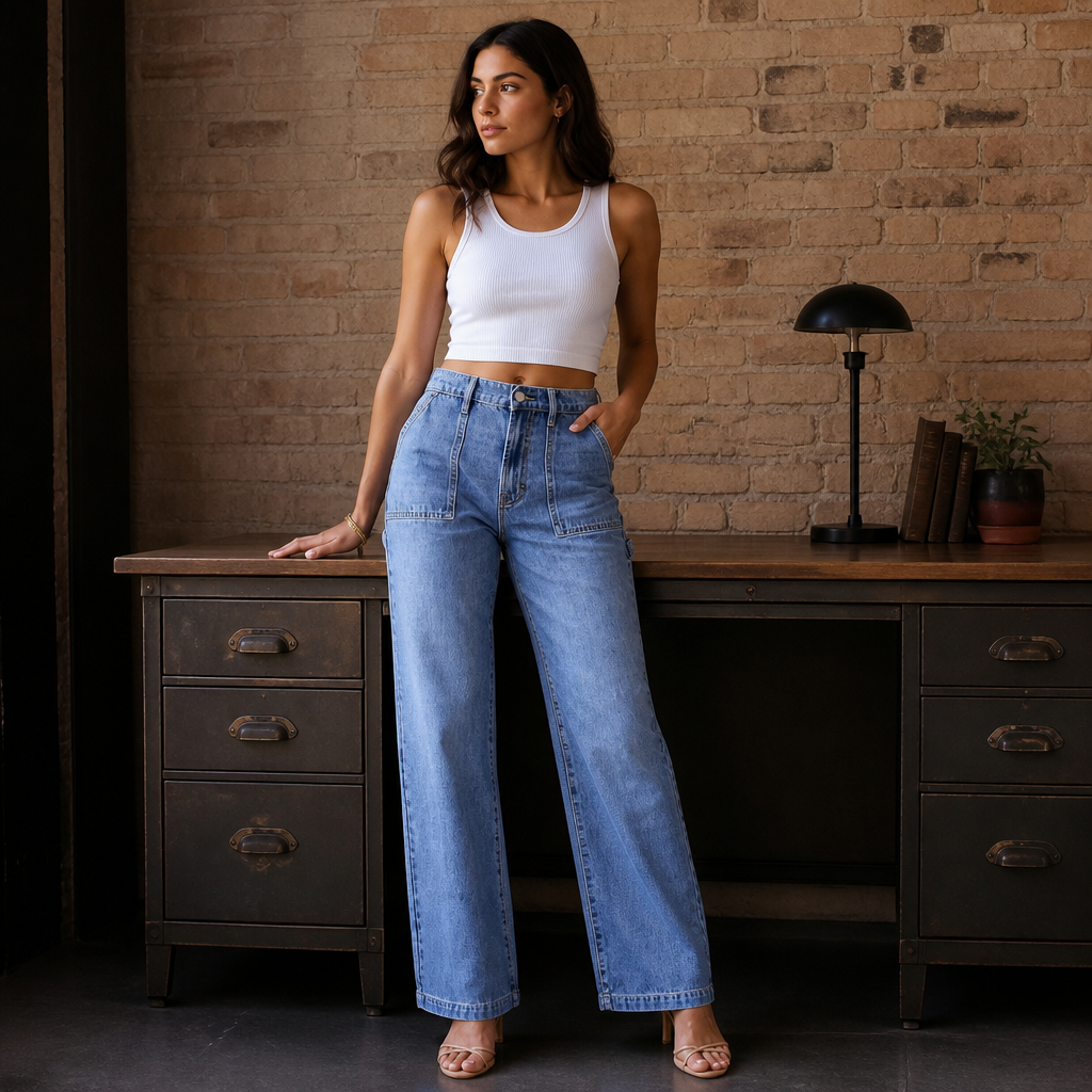 Women's Light Blue Wide Leg Straight-Leg Jeans - Stylish and Comfortable Denim Pants for Effortless Fashion, éditorial