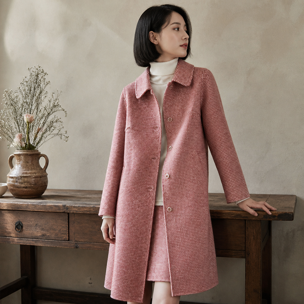 New Women Jacket Winter Woolen Coat Elegant Turn Down Collar Plaid Long Woolen Coat Single-breasted Warm Coat Casaco Feminino, éditorial