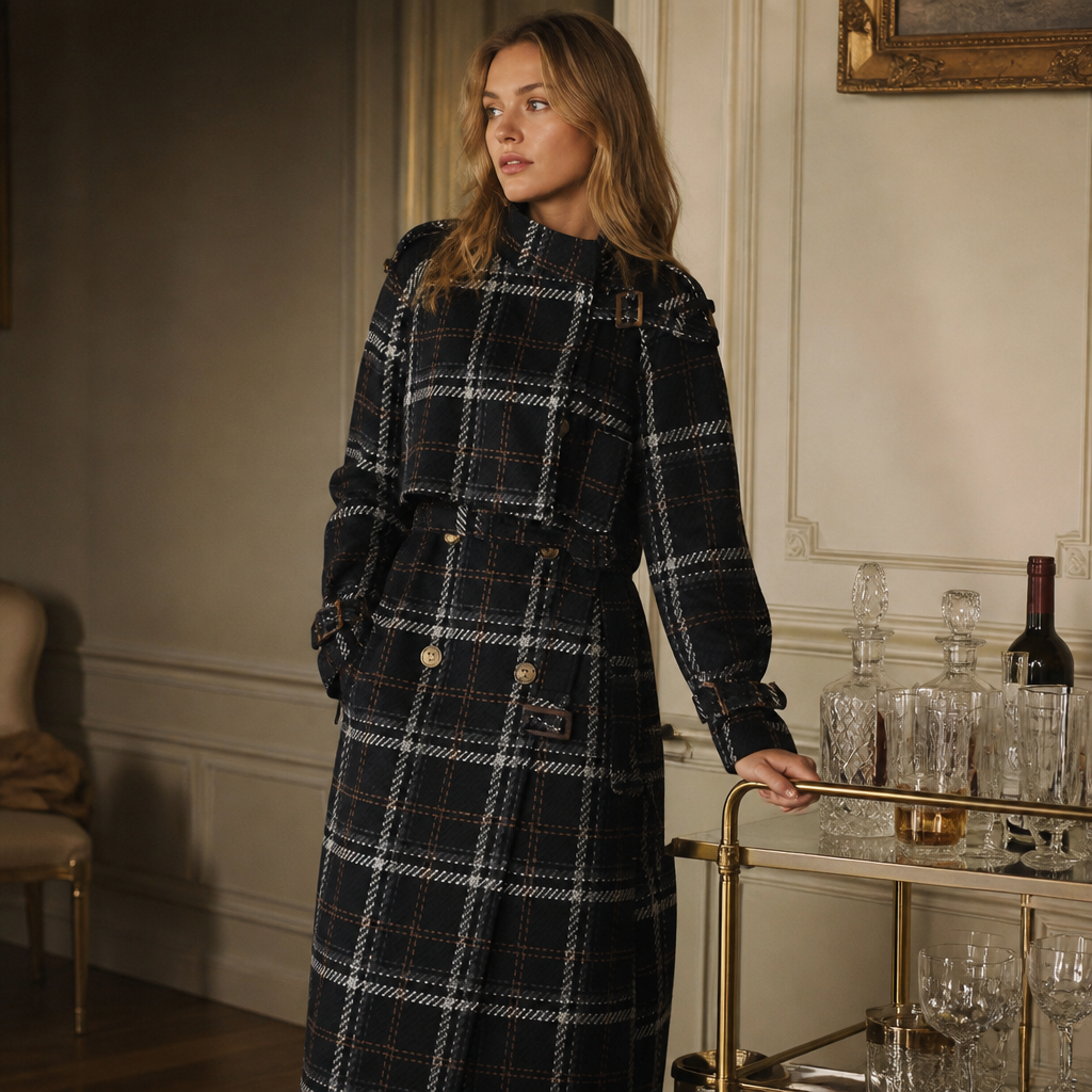 Lautaro Autumn Winter Long Loose Warm Plaid Wool Blends Trench Coat for Women Raglan Sleeve Belt Double Breasted Woolen Overcoat, éditorial