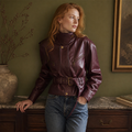 Vintage Women's Leather Jacket Stand Collar Pocket Short Coat Retro Waistband Zipper Outwear 2025 New Autumn Winter Lad Jackets, éditorial