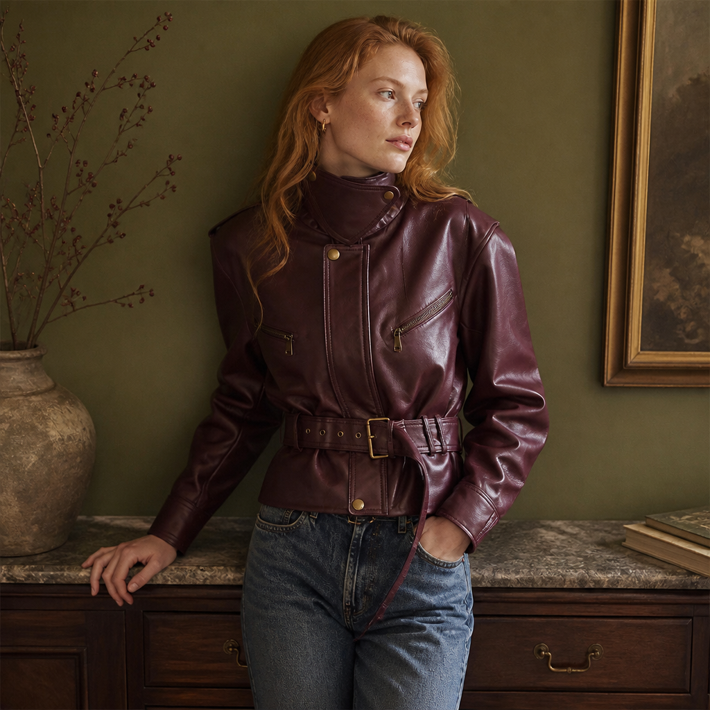 Vintage Women's Leather Jacket Stand Collar Pocket Short Coat Retro Waistband Zipper Outwear 2025 New Autumn Winter Lad Jackets, éditorial