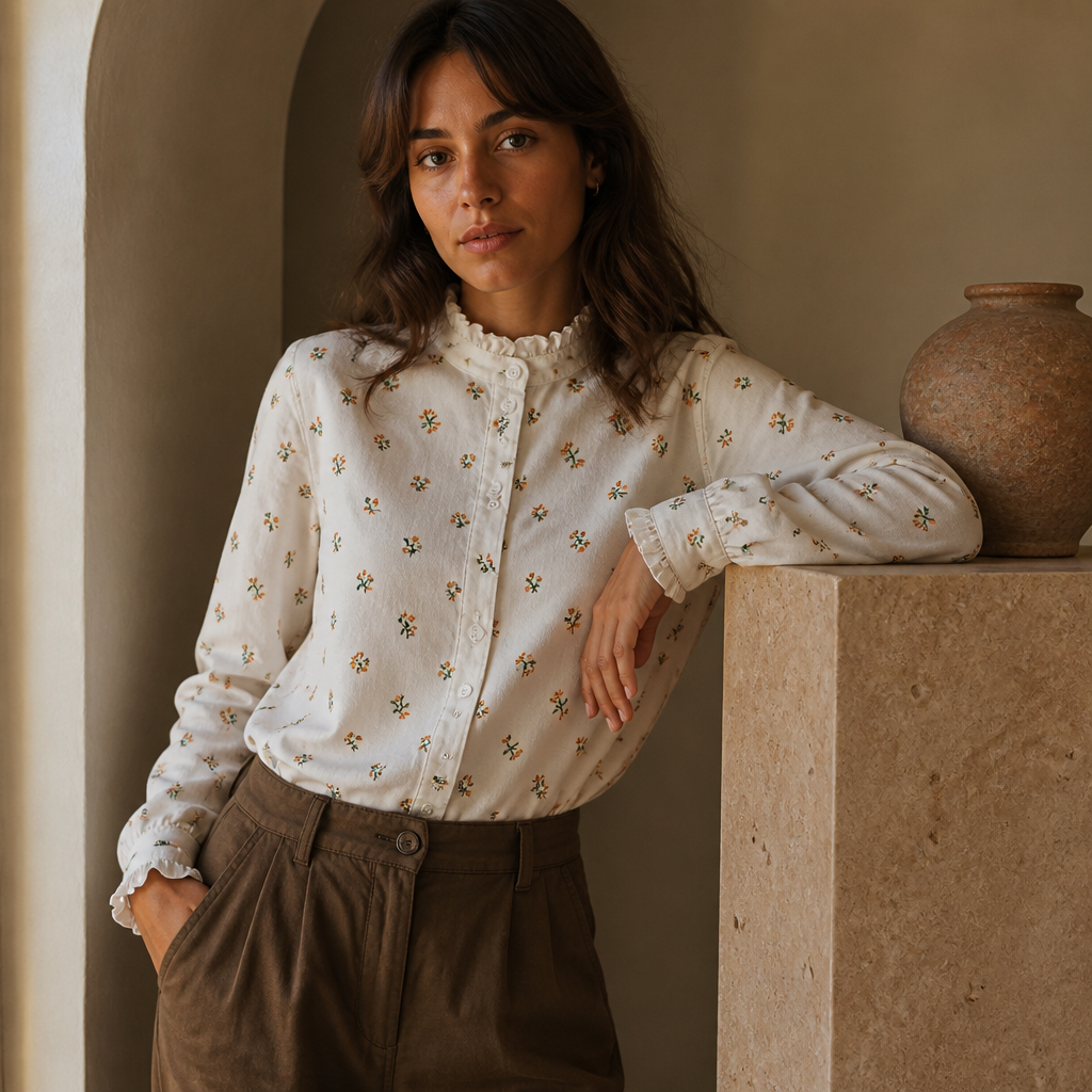 New Autumn 2 Layer Cotton Yarn Floral Shirts Women Ruffled Collar Tops Long Sleeve Loose Casual Blouses Spring 2023 T37959JM, éditorial